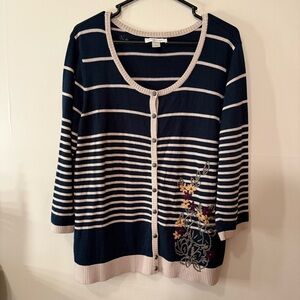 Christopher & Banks Blue and Cream Cardigan with Floral Design